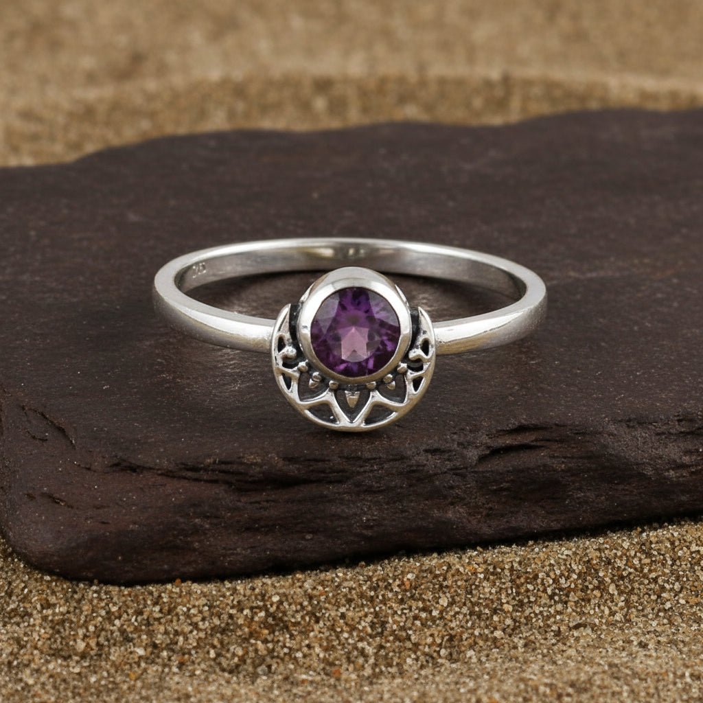 Geometric Amethyst Ring - Zirak Silver