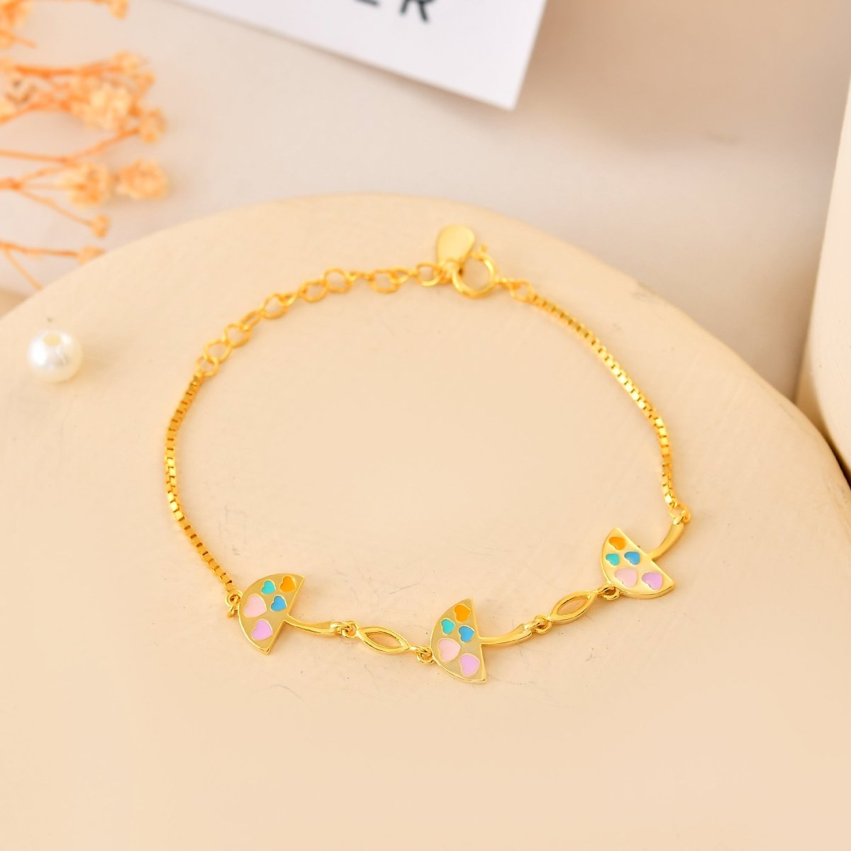 Gold - Plated 925 Sterling Silver Watermelon - Slice Heart Charm Bracelet – Adjustable Kids Chain - Zirak Silver