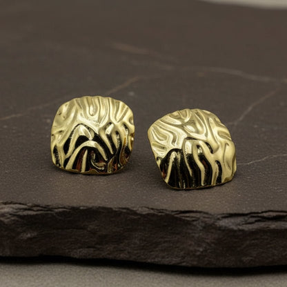 Gold Plated Abstract Textured Stud Earrings | 925 Silver Statement Earrings - Zirak Silver