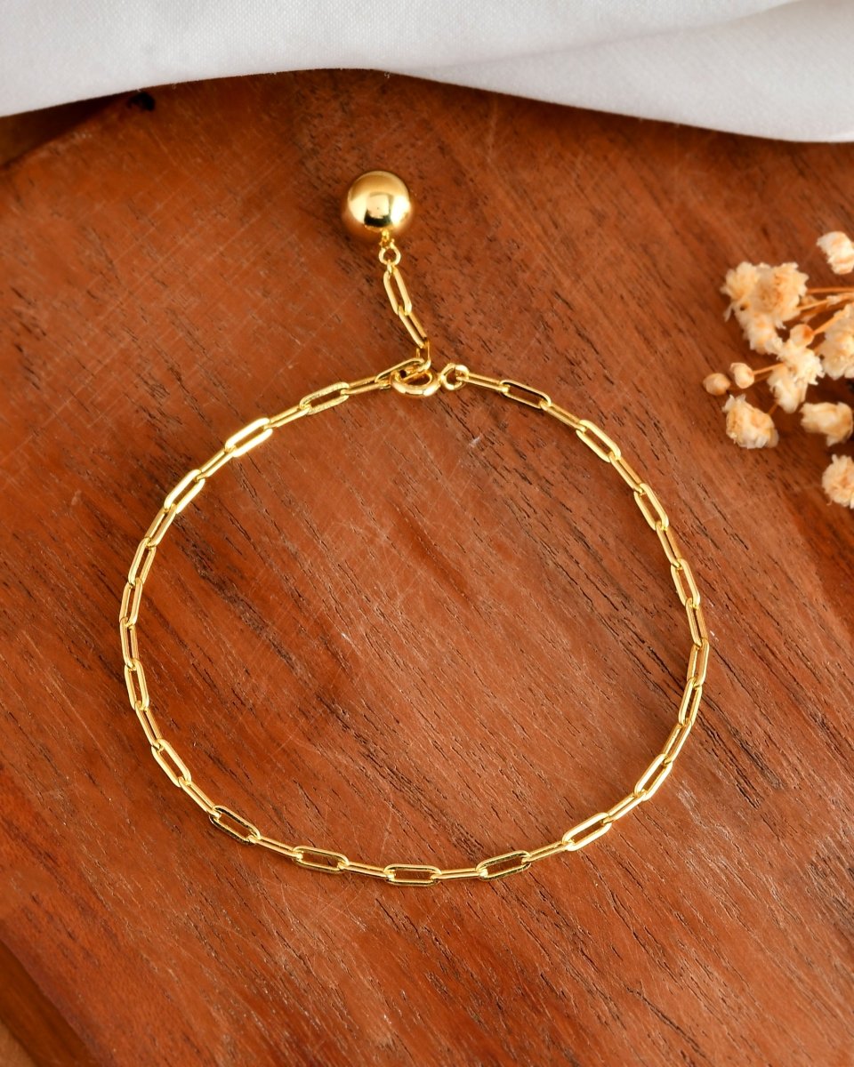 Gold - Plated Paperclip Chain Bracelet with Adjustable Ball Charm - Zirak Silver