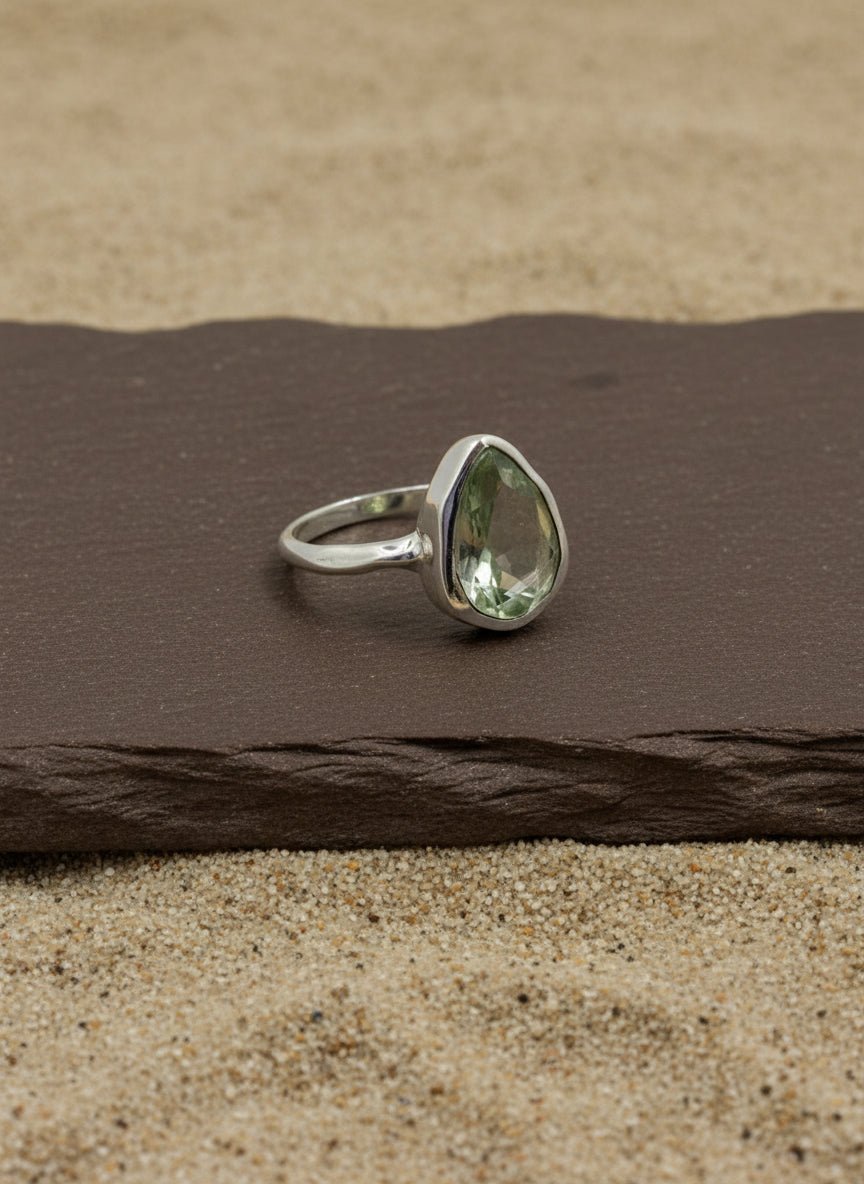 Green Amethyst Organic Cut Silver Ring - Zirak Silver