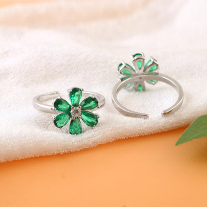 Green Floral Adjustable Silver Toe Ring | 925 Sterling Silver Flower Toe Ring for Women - Zirak Silver