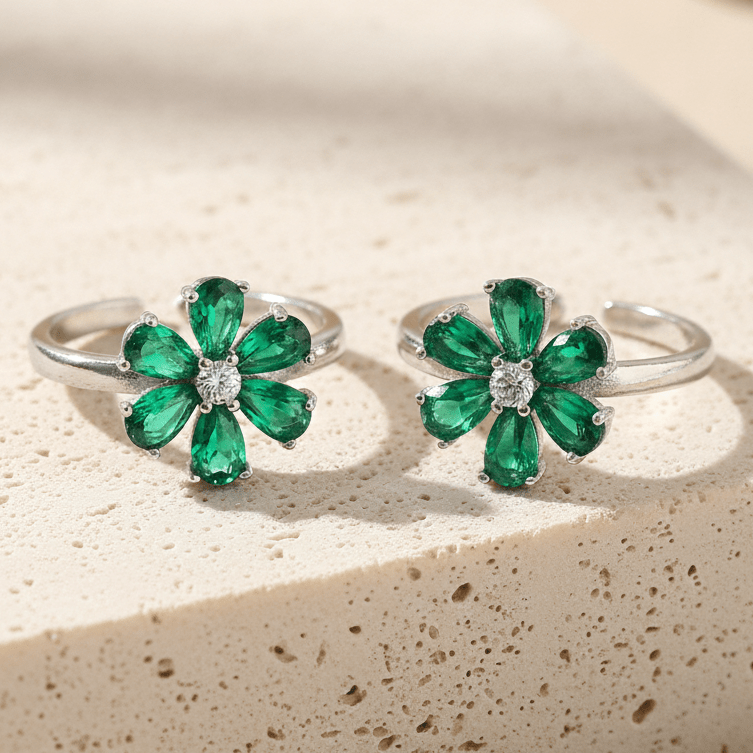 Green Floral Adjustable Silver Toe Ring | 925 Sterling Silver Flower Toe Ring for Women - Zirak Silver