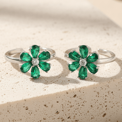 Green Floral Adjustable Silver Toe Ring | 925 Sterling Silver Flower Toe Ring for Women - Zirak Silver