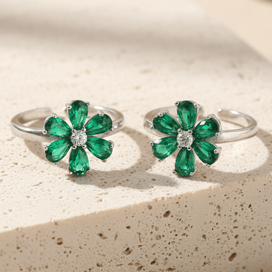 Green Floral Adjustable Silver Toe Ring | 925 Sterling Silver Flower Toe Ring for Women - Zirak Silver