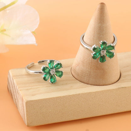 Green Floral Adjustable Silver Toe Ring | 925 Sterling Silver Flower Toe Ring for Women - Zirak Silver