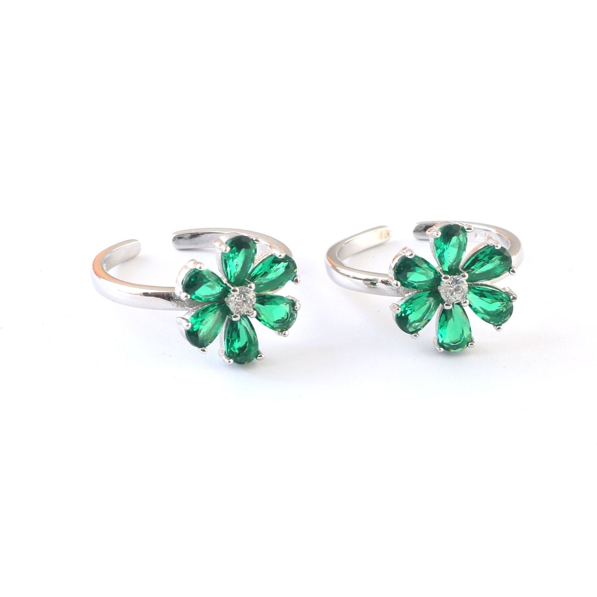 Green Floral Adjustable Silver Toe Ring | 925 Sterling Silver Flower Toe Ring for Women - Zirak Silver