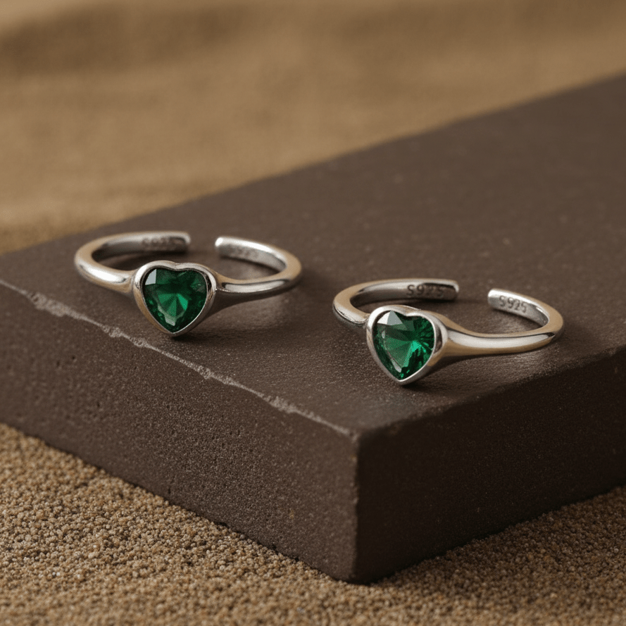 Green Heart Silver Toe Ring | 925 Sterling Silver Adjustable Toe Ring for Women - Zirak Silver