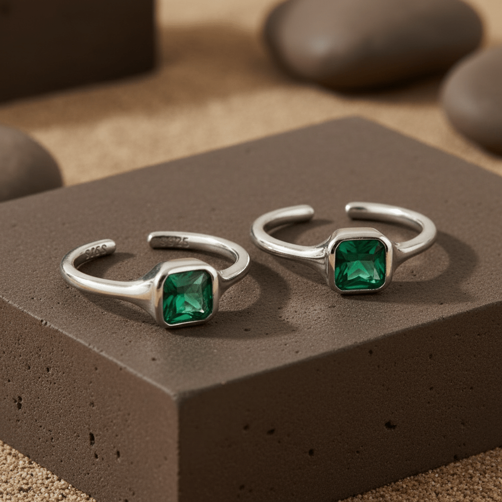 Green Square Stone Silver Toe Ring | 925 Sterling Silver Adjustable Toe Ring for Women - Zirak Silver