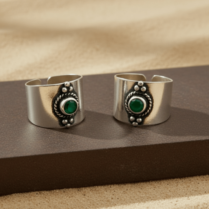 Green Stone Wide 925 Silver Toe Ring - Zirak Silver