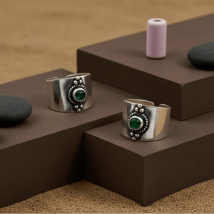 Green Stone Wide 925 Silver Toe Ring - Zirak Silver
