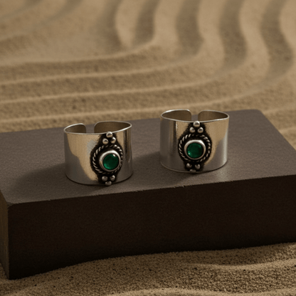 Green Stone Wide 925 Silver Toe Ring - Zirak Silver