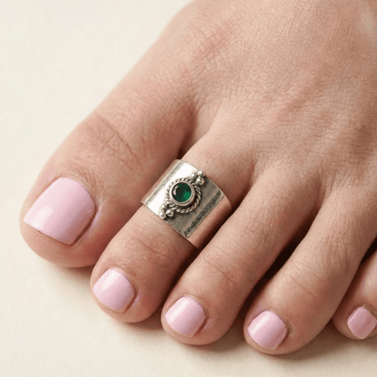 Green Stone Wide 925 Silver Toe Ring - Zirak Silver