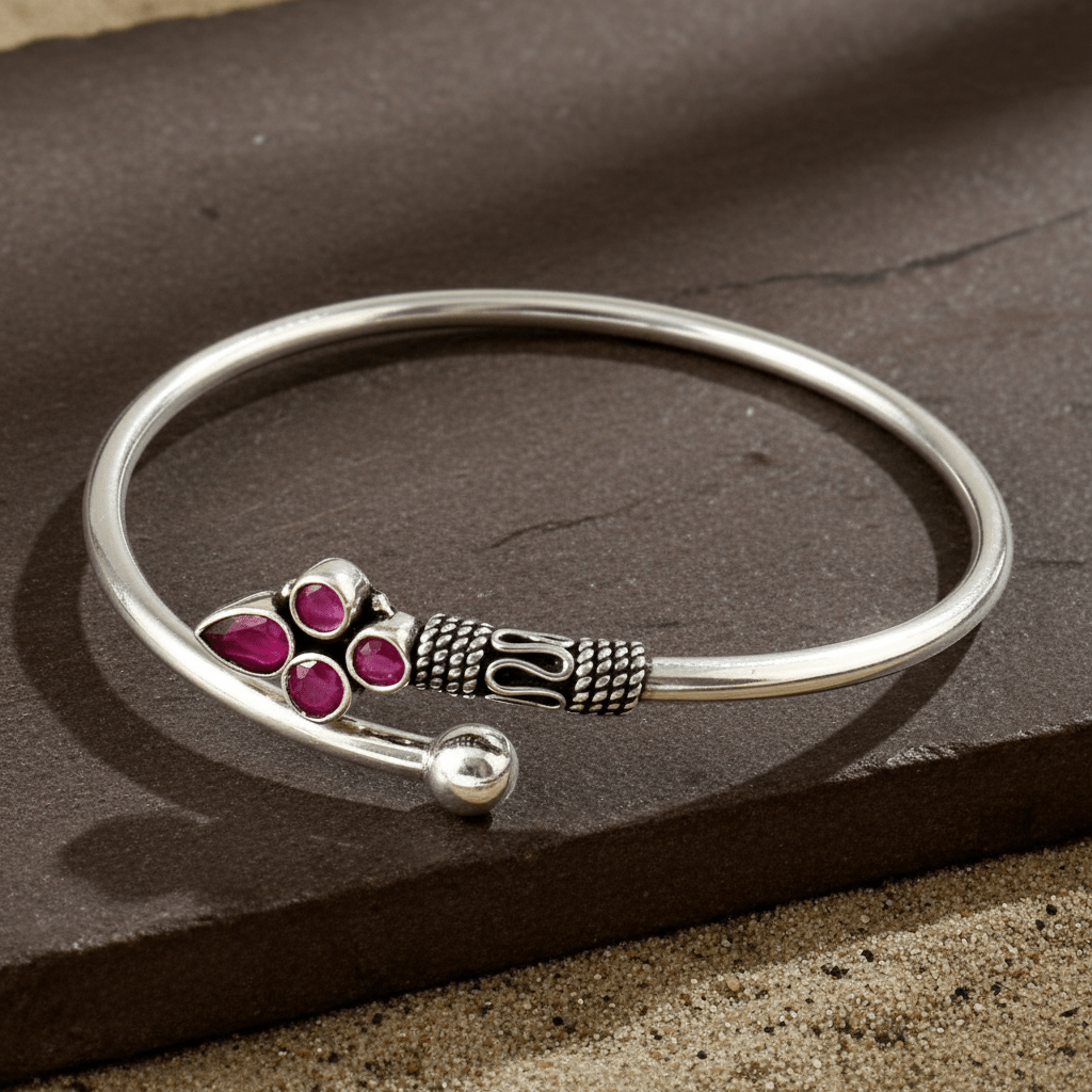 Gulaabi Bracelet – Oxidised 925 Silver Pink Floral Zircon Cuff Bracelet - Zirak Silver
