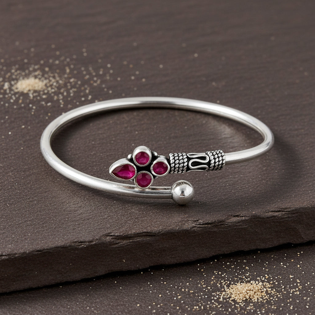 Gulaabi Bracelet – Oxidised 925 Silver Pink Floral Zircon Cuff Bracelet - Zirak Silver