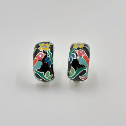 Hand - Painted Enamel Floral Huggie Earrings in 925 Sterling Silver - Zirak Silver