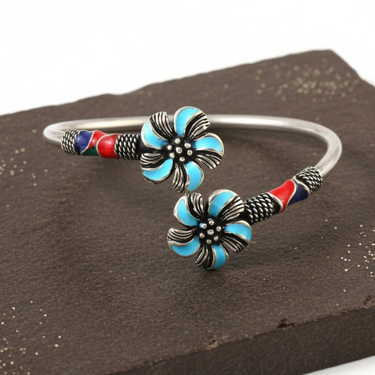 Handcrafted 925 Silver Floral Enamel Open Cuff Bracelet - Zirak Silver
