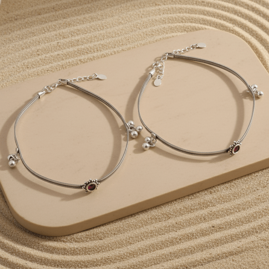 Handmade 925 Sterling Silver Anklet with Red Stone & Ghungroo Charms – Traditional Oxidized Payal - Zirak Silver