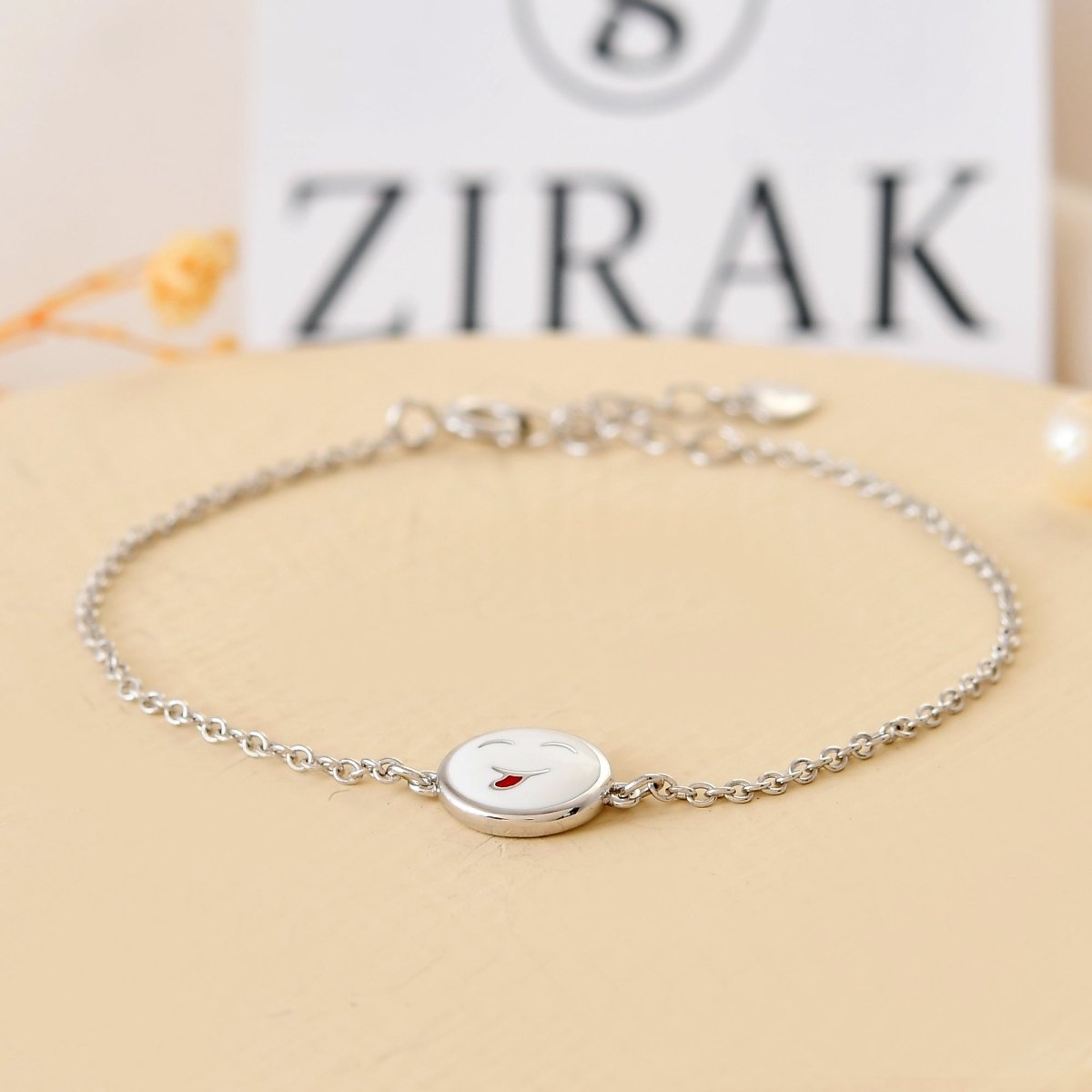 Happy - Moji Sterling - Silver Kids Bracelet | Adjustable Chain & White Enamel Smile Charm - Zirak Silver