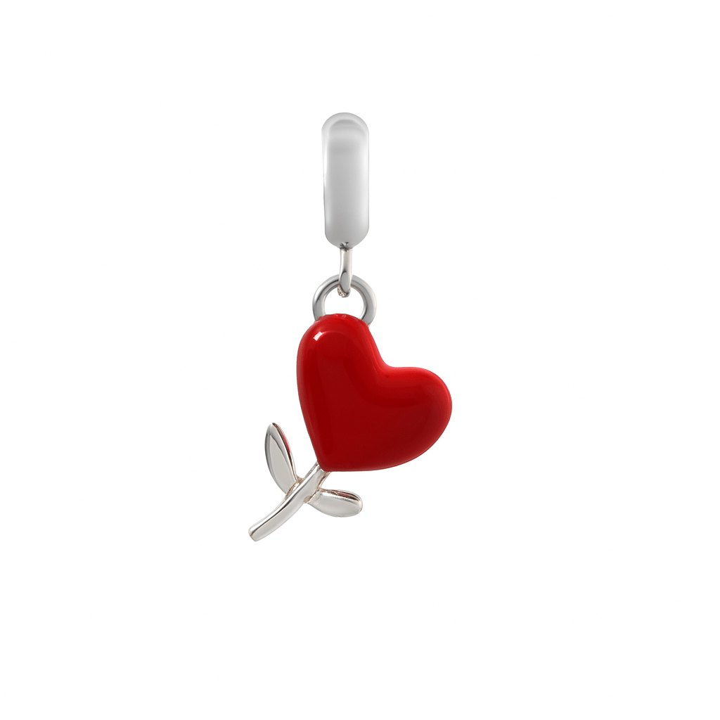 Heart Flower Charm in 925 Silver | Red Enamel & Crystal Accent - Zirak Silver