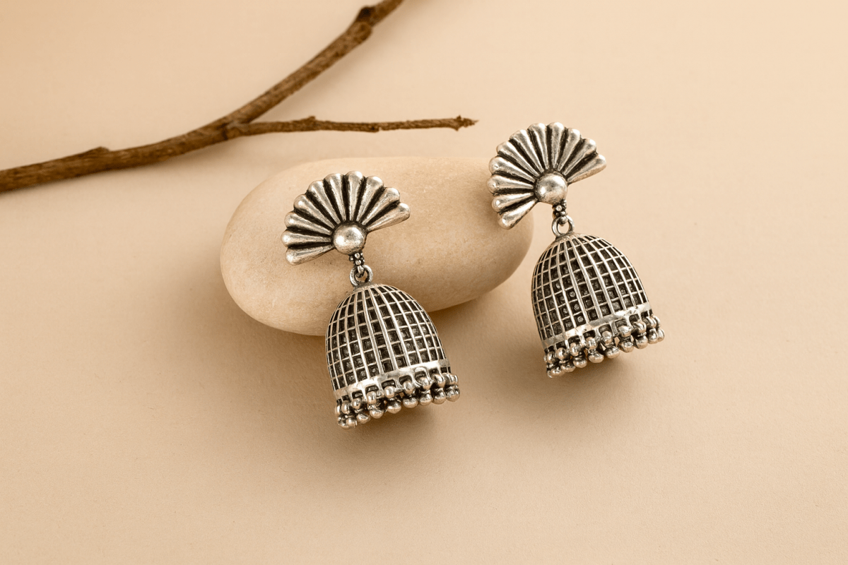 Heavy Dome Oxidised 925 Silver Jhumki - Zirak Silver