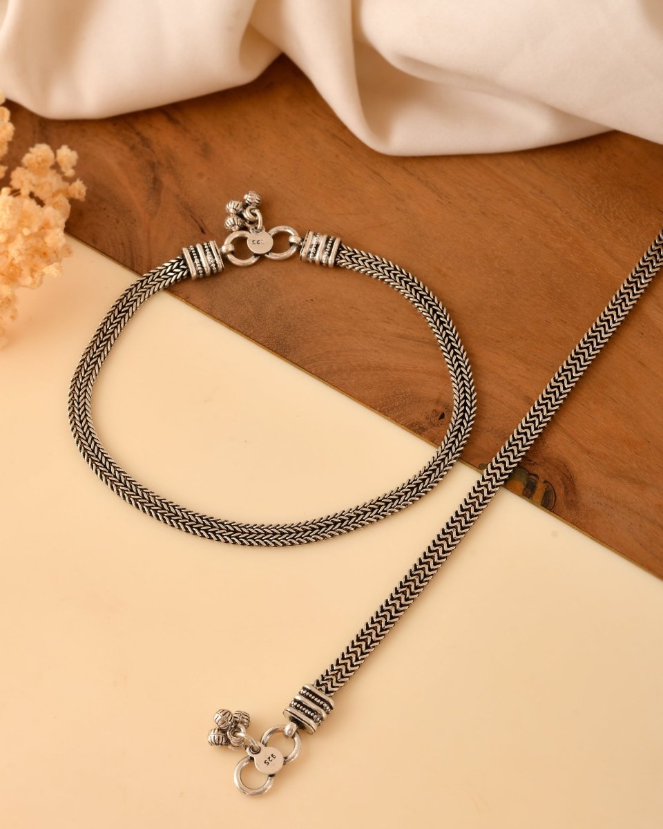 Heavy Oxidized Silver Foxtail Anklet Pair - Zirak Silver