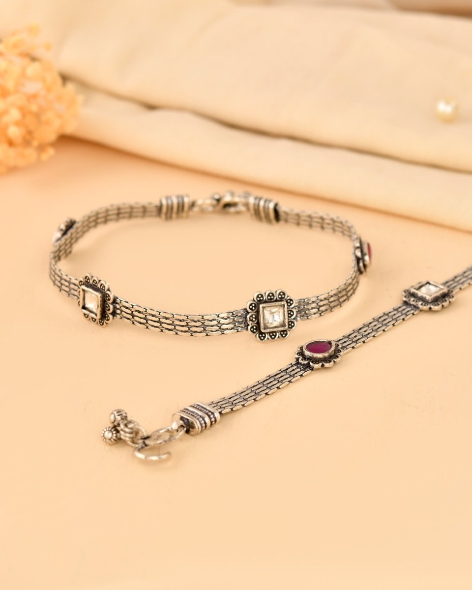 Heavy Oxidized Silver Stone Anklet - Zirak Silver
