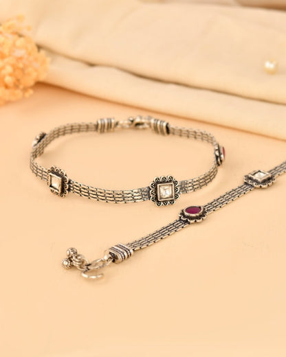 Heavy Oxidized Silver Stone Anklet - Zirak Silver