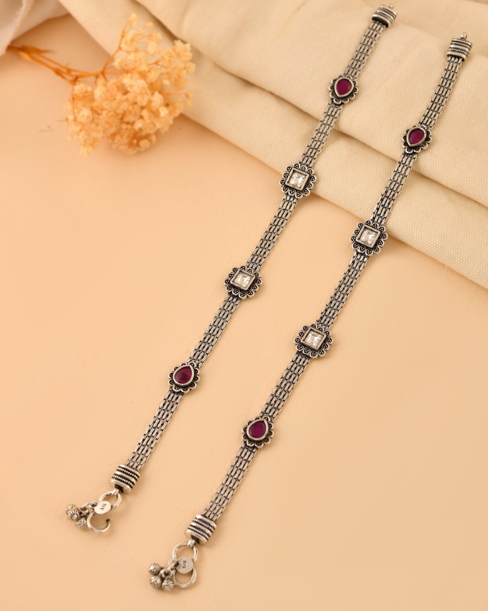 Heavy Oxidized Silver Stone Anklet - Zirak Silver