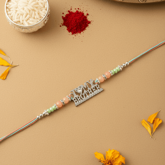I Love My Brother Rakhi | Silver-Toned Text Rakhi with Heart Accent | Designer Beaded Thread Rakhi for Brother - Zirak Silver