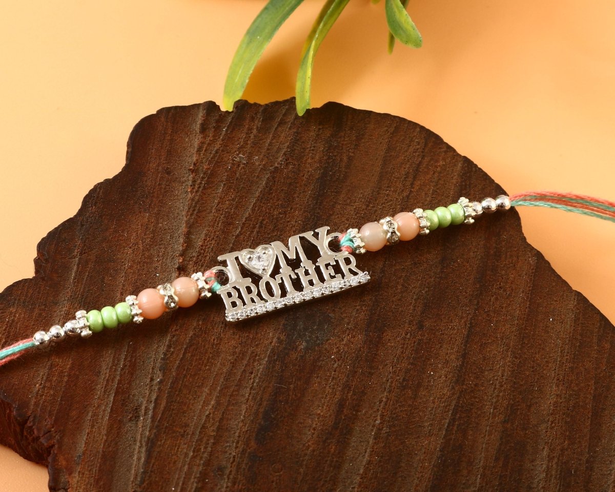 I Love My Brother Rakhi | Silver-Toned Text Rakhi with Heart Accent | Designer Beaded Thread Rakhi for Brother - Zirak Silver