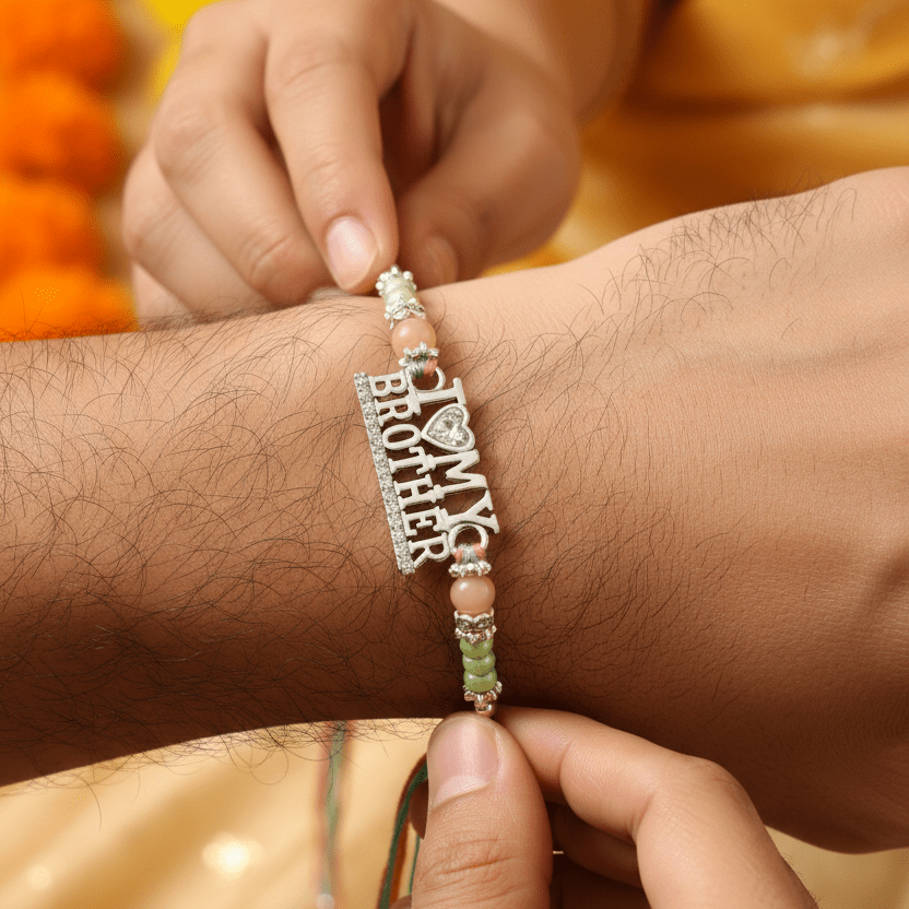 I Love My Brother Rakhi | Silver-Toned Text Rakhi with Heart Accent | Designer Beaded Thread Rakhi for Brother - Zirak Silver