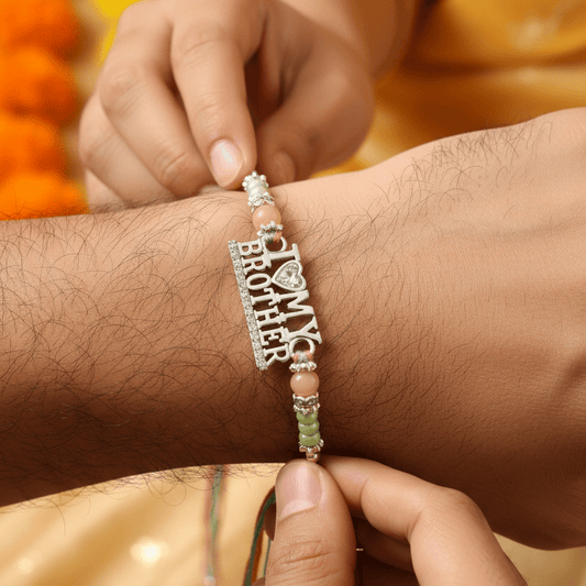 I Love My Brother Rakhi | Silver-Toned Text Rakhi with Heart Accent | Designer Beaded Thread Rakhi for Brother - Zirak Silver
