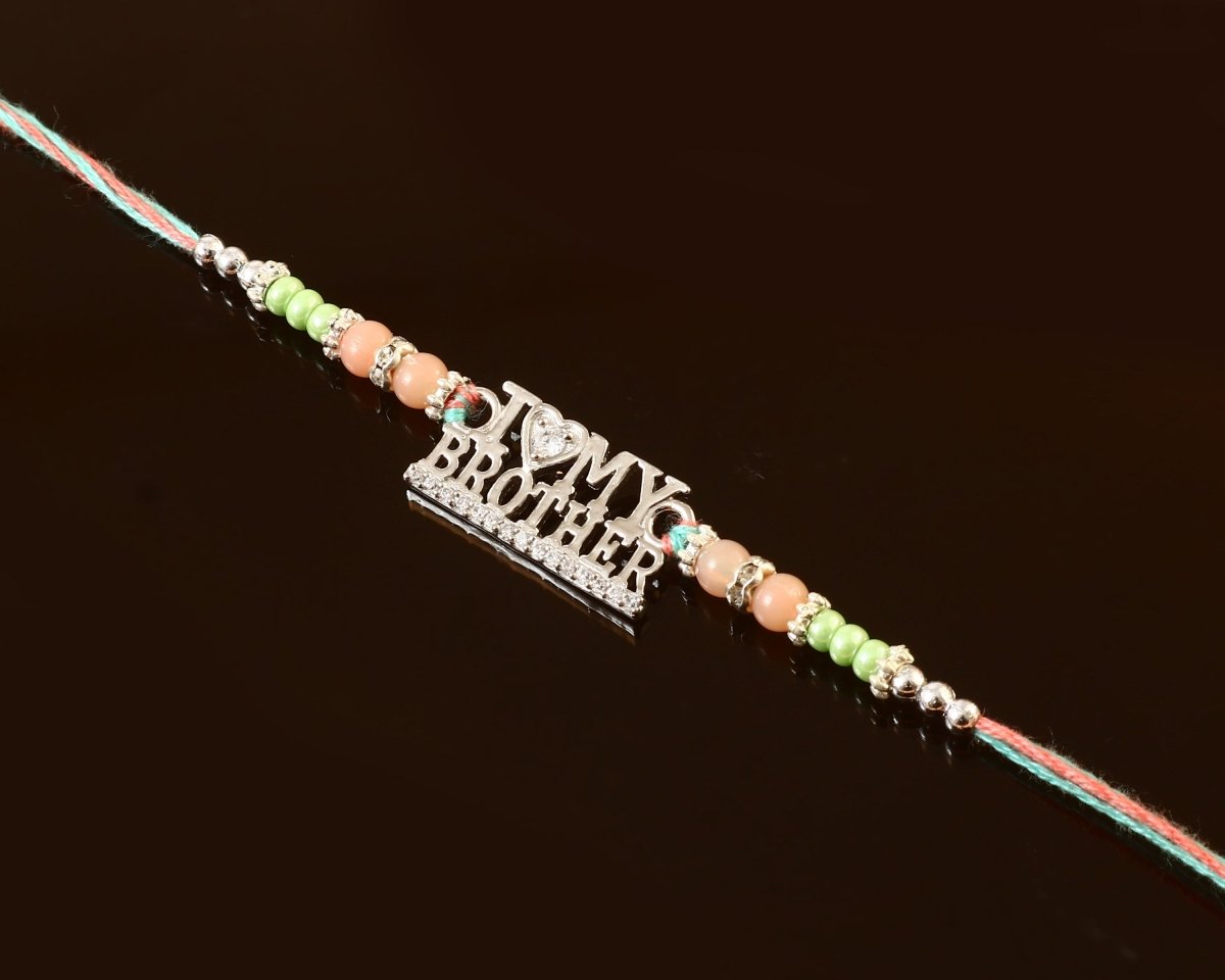 I Love My Brother Rakhi | Silver-Toned Text Rakhi with Heart Accent | Designer Beaded Thread Rakhi for Brother - Zirak Silver