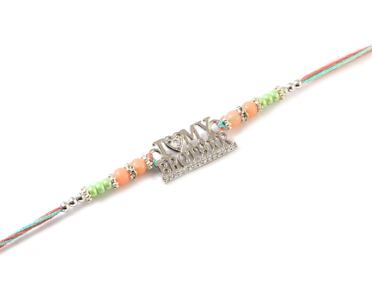 I Love My Brother Rakhi | Silver-Toned Text Rakhi with Heart Accent | Designer Beaded Thread Rakhi for Brother - Zirak Silver