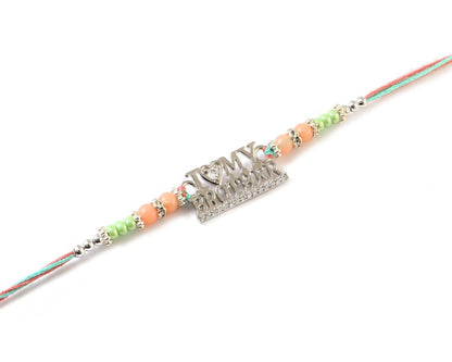 I Love My Brother Rakhi | Silver-Toned Text Rakhi with Heart Accent | Designer Beaded Thread Rakhi for Brother - Zirak Silver