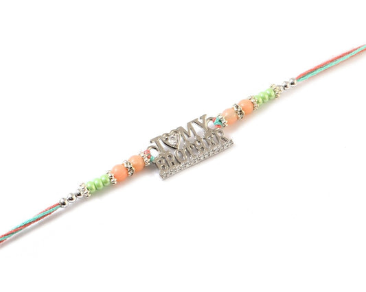 I Love My Brother Rakhi | Silver-Toned Text Rakhi with Heart Accent | Designer Beaded Thread Rakhi for Brother - Zirak Silver