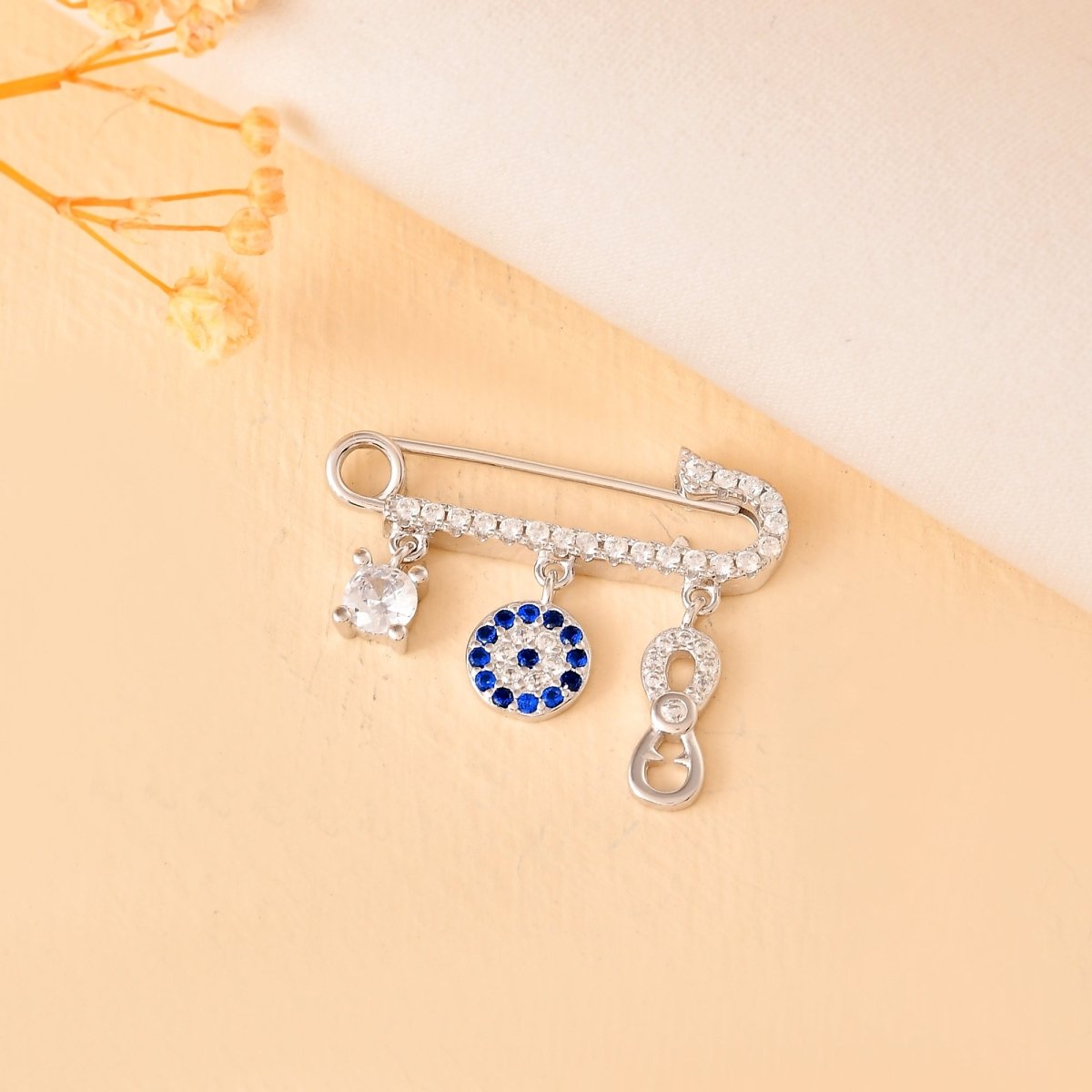 Infinity - Eye Sterling - Silver Safety Pin | CZ Baby Nazariya Brooch with Blue Pavé Evil - Eye - Zirak Silver