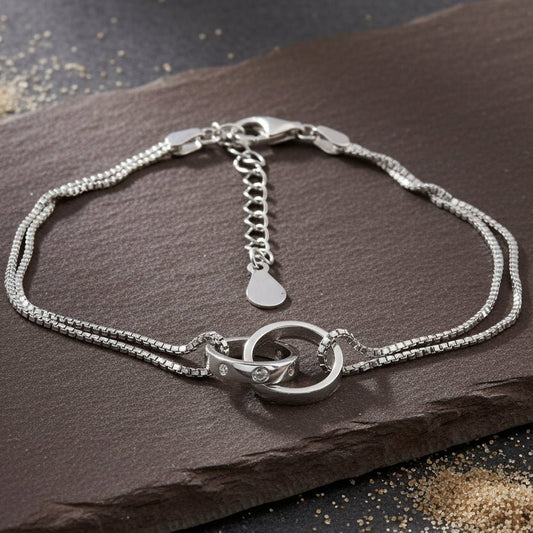 Interlocking Rings 925 Silver Double Chain Bracelet - Zirak Silver
