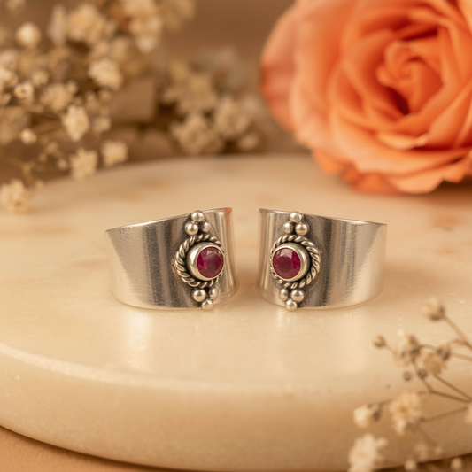 Ira Ruby Red Wide Toe Rings - Zirak Silver
