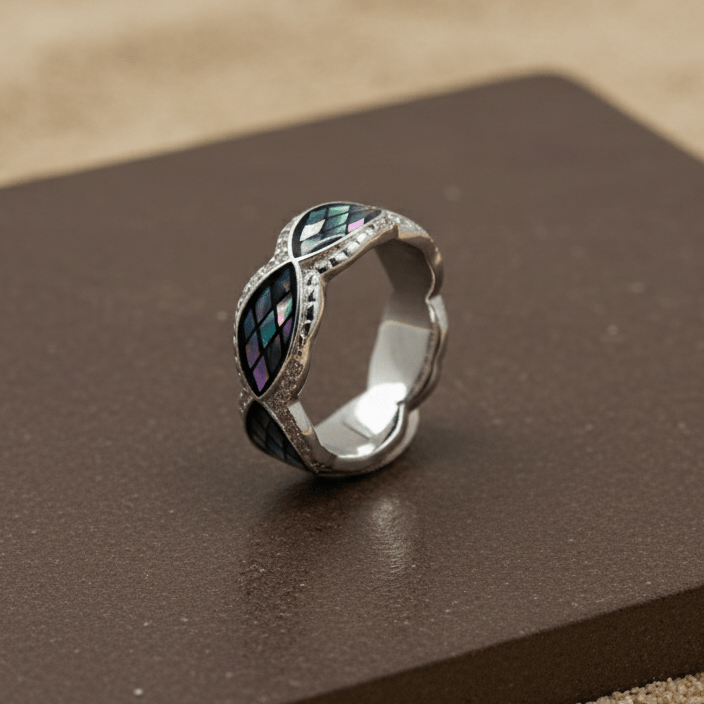 Iridescent Mosaic Inlay Silver Band - Zirak Silver