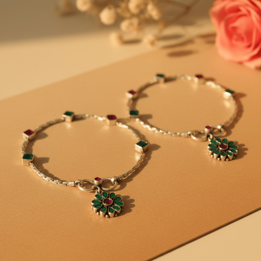 Kamala Oxidized Floral Anklets - Zirak Silver