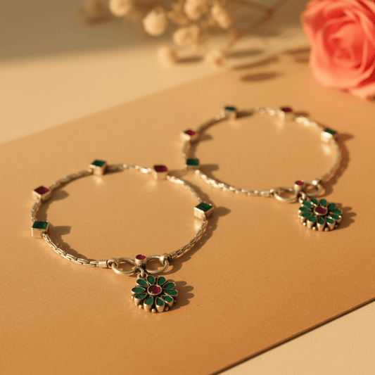 Kamala Oxidized Floral Anklets - Zirak Silver