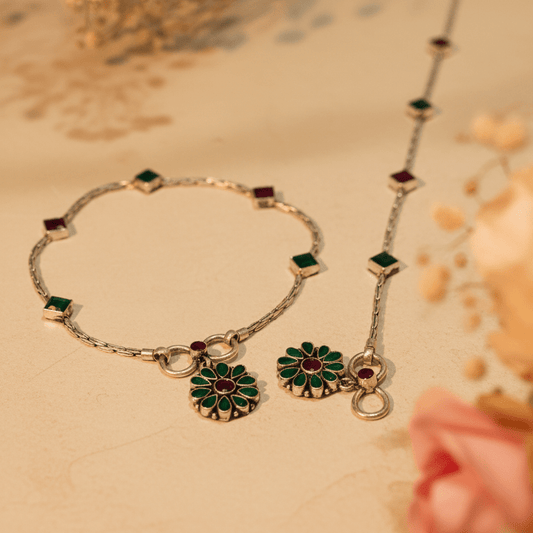 Kamala Oxidized Floral Anklets - Zirak Silver