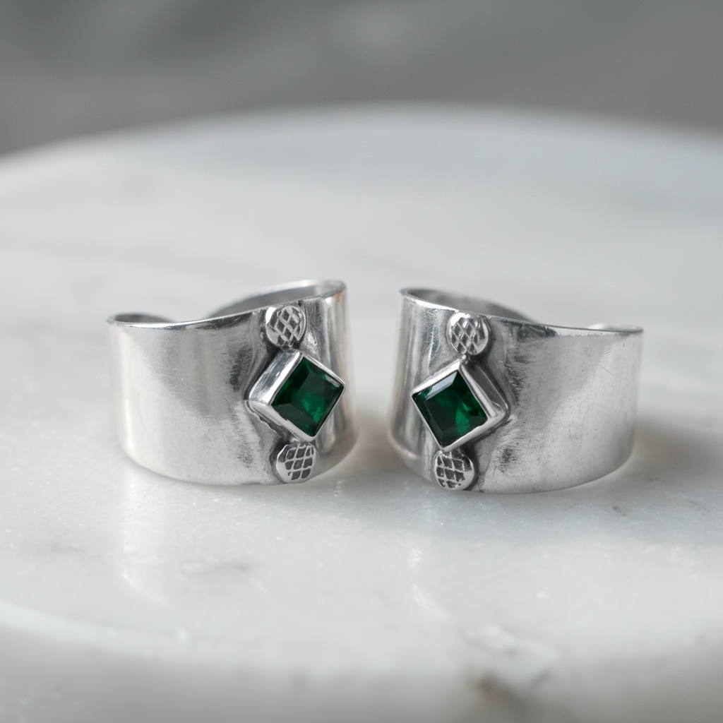 Kavya Green Stone Wide Toe Rings - Zirak Silver