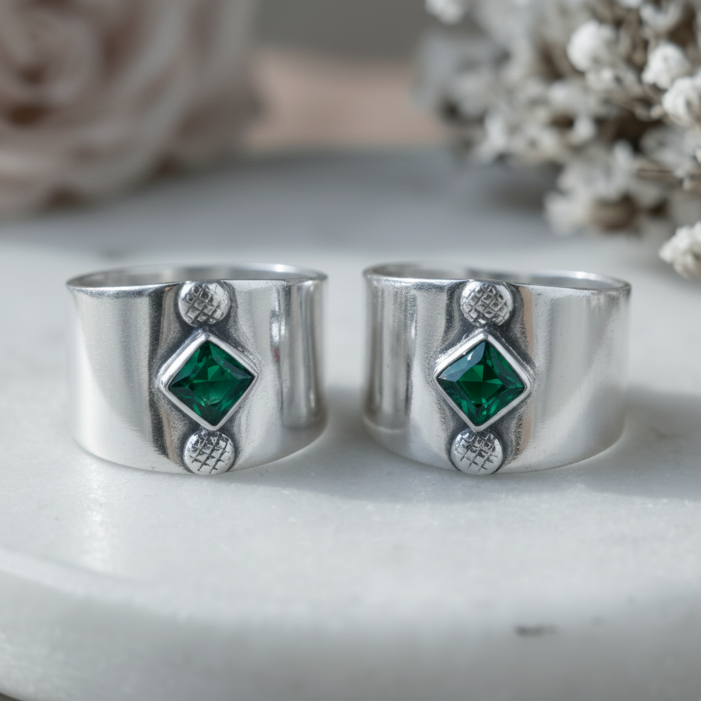 Kavya Green Stone Wide Toe Rings - Zirak Silver