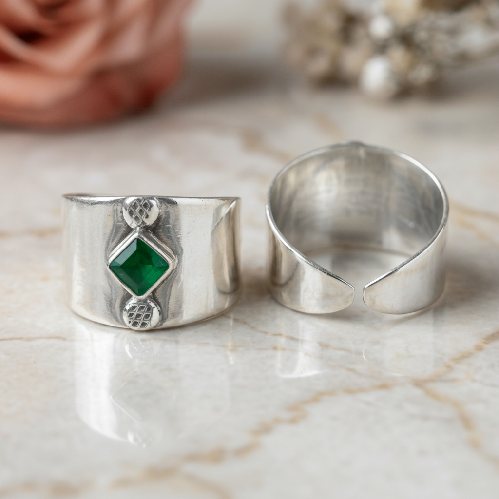 Kavya Green Stone Wide Toe Rings - Zirak Silver