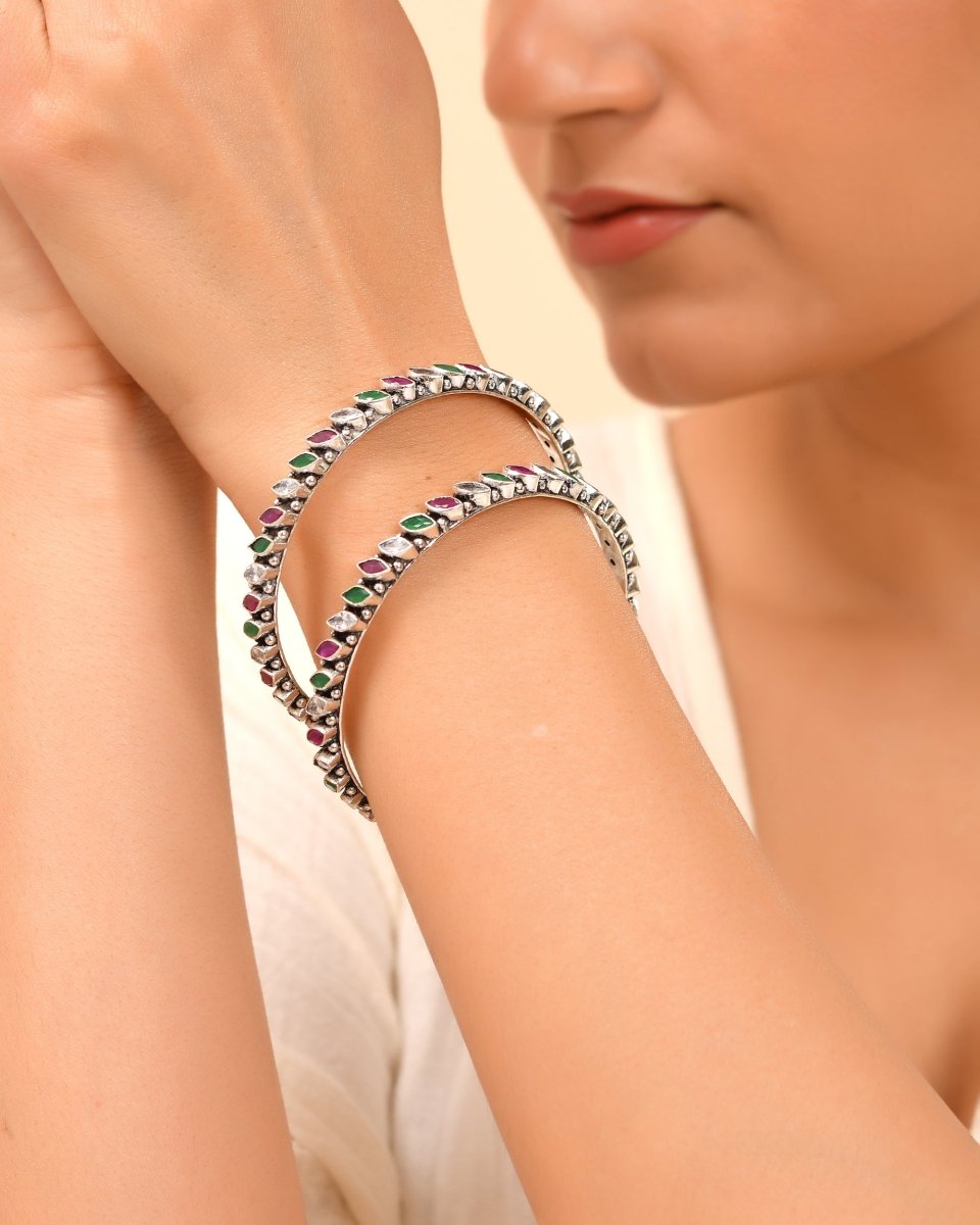 Kavya Marquise Stone Oxidized Bangle - Zirak Silver