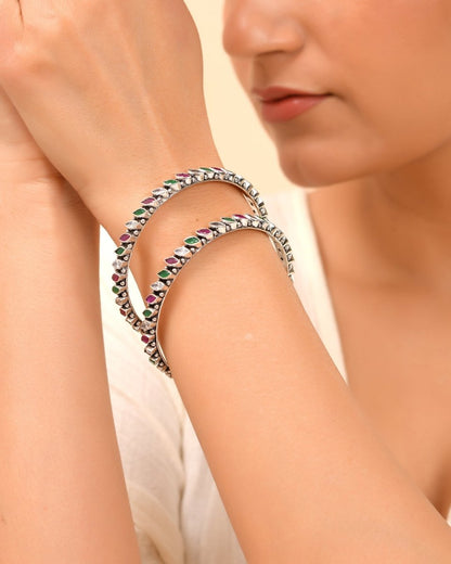 Kavya Marquise Stone Oxidized Bangle - Zirak Silver