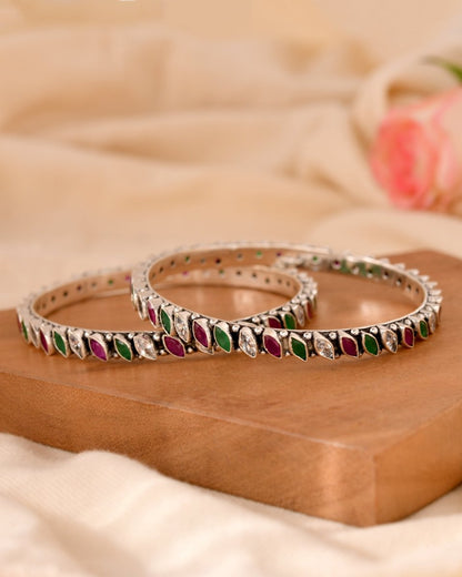Kavya Marquise Stone Oxidized Bangle - Zirak Silver